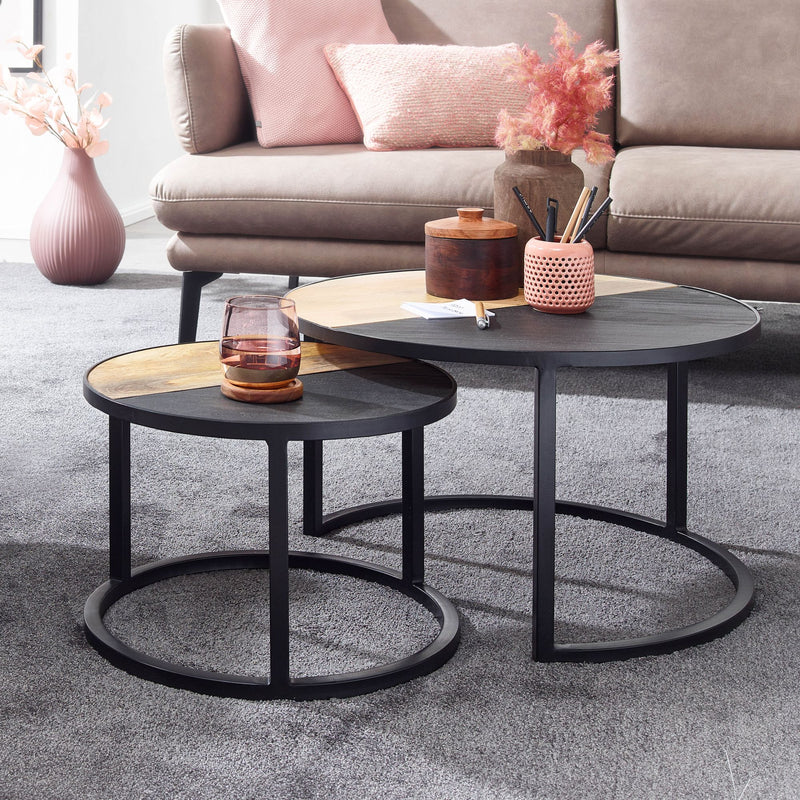 Couchtisch 2er Set Mango Massivholz Steinoptik Rund Modern Metall
