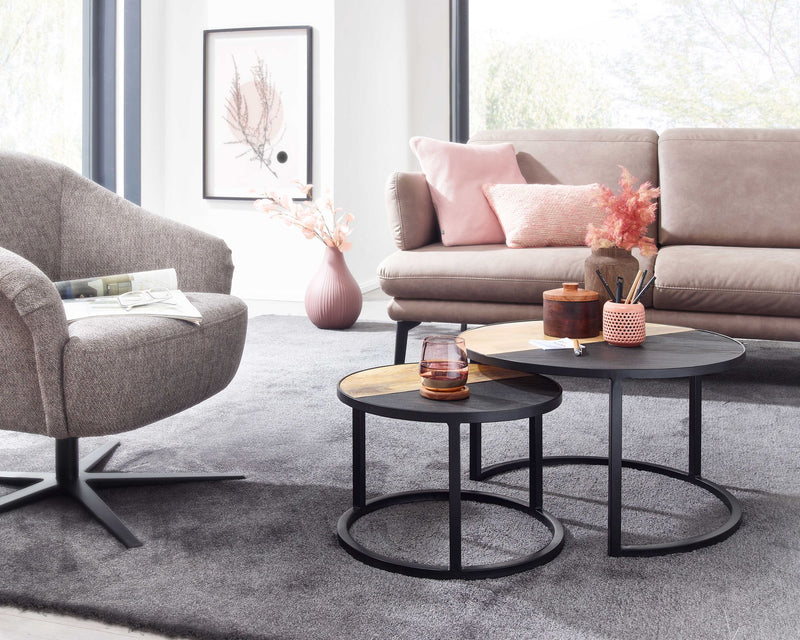 Couchtisch 2er Set Mango Massivholz Steinoptik Rund Modern Metall