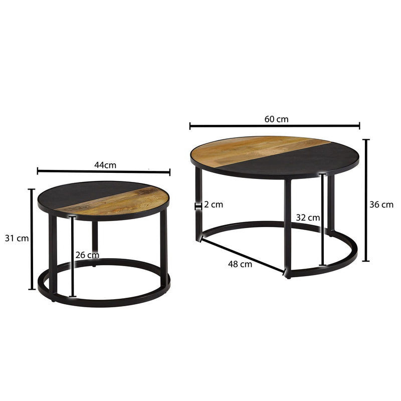 Couchtisch 2er Set Mango Massivholz Steinoptik Rund Modern Metall