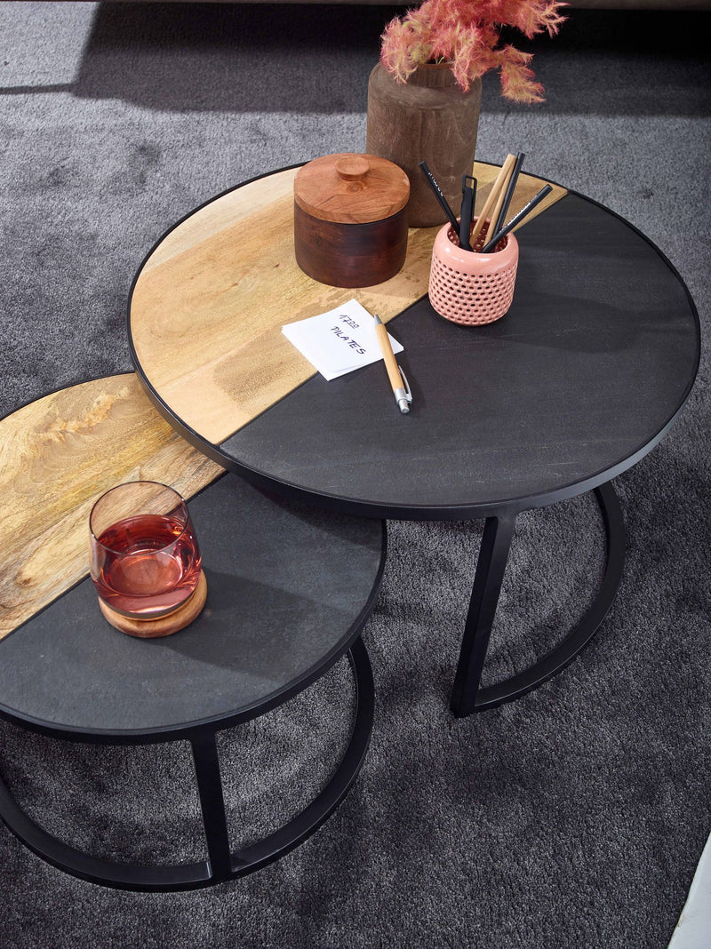 Couchtisch 2er Set Mango Massivholz Steinoptik Rund Modern Metall
