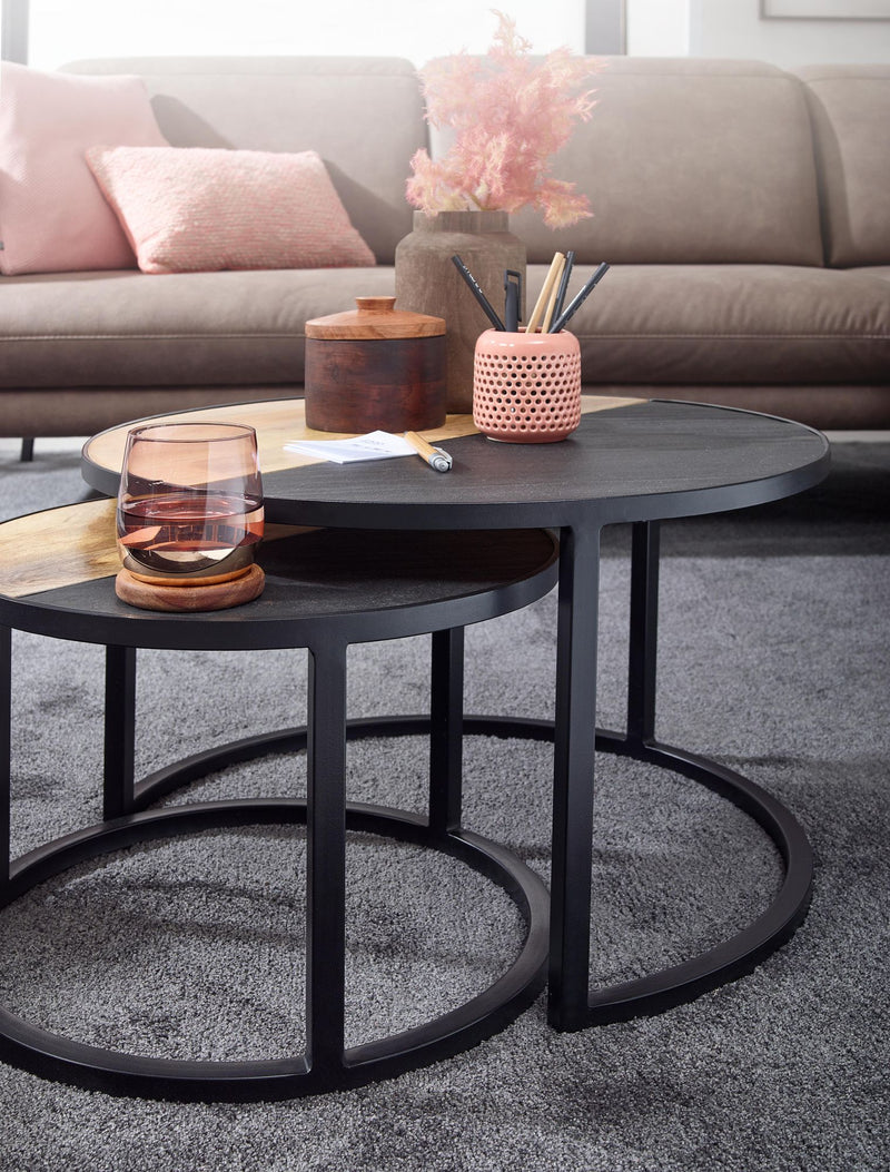 Couchtisch 2er Set Mango Massivholz Steinoptik Rund Modern Metall