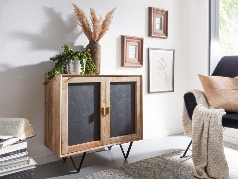 Sideboard 80x75x35cm Mango Massivholz Steinoptik Braun Metallgestell