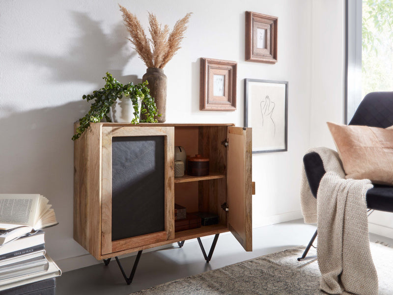 Sideboard 80x75x35cm Mango Massivholz Steinoptik Braun Metallgestell