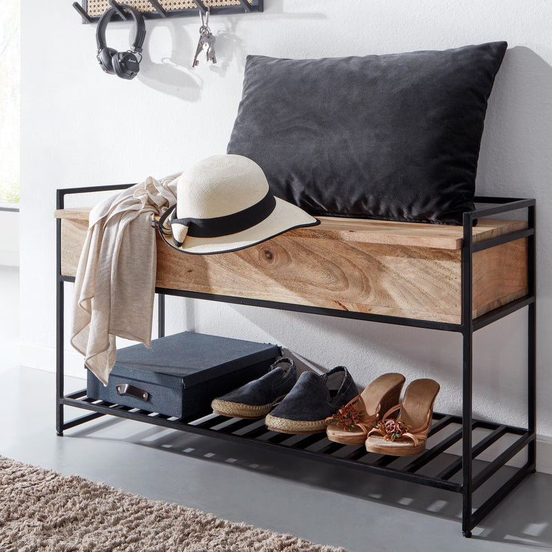 Sitzbank mit Stauraum 90x52x38cm Mango Massivholz Metall Braun
