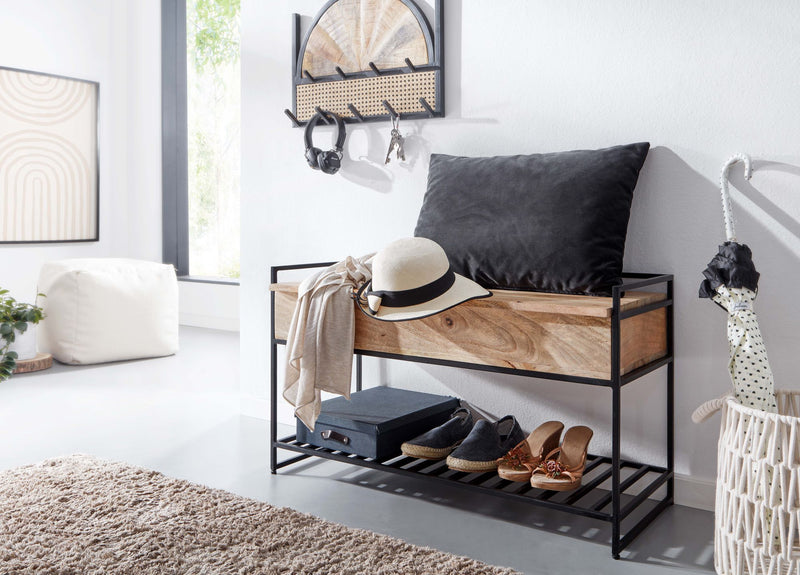 Sitzbank mit Stauraum 90x52x38cm Mango Massivholz Metall Braun