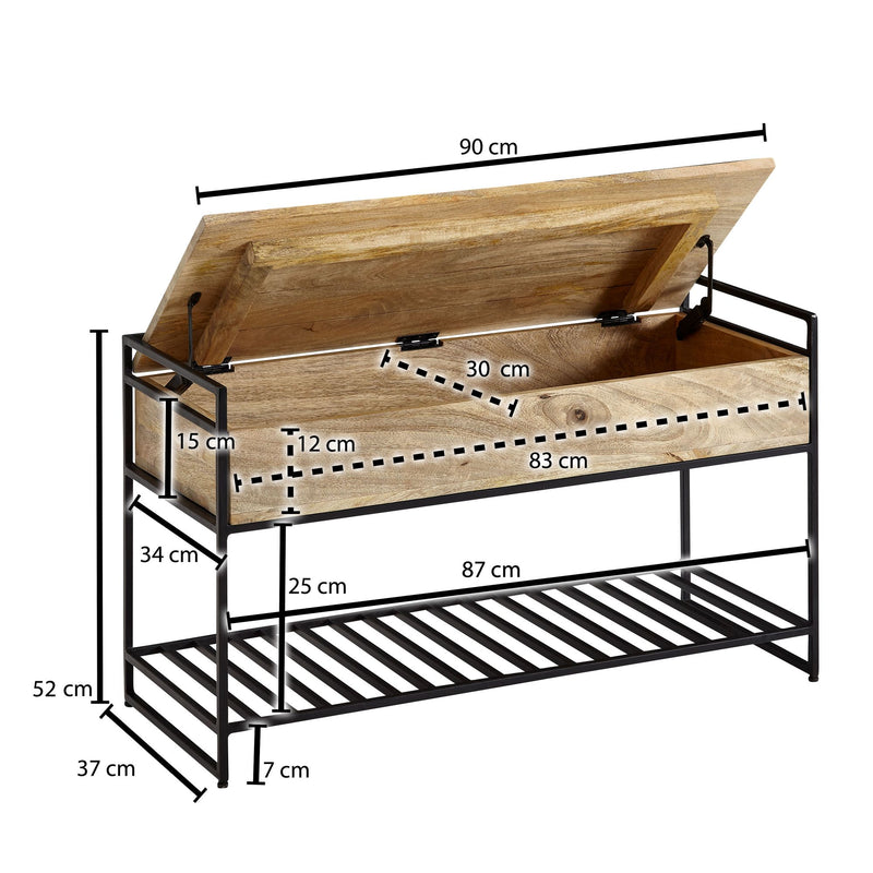 Sitzbank mit Stauraum 90x52x38cm Mango Massivholz Metall Braun