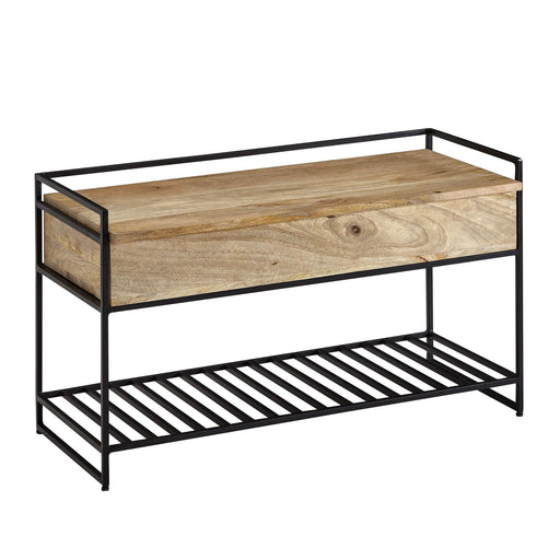 Sitzbank mit Stauraum mit Mangoholz-Sitzfläche und schwarzem Metallgestell, Gesamtansicht.