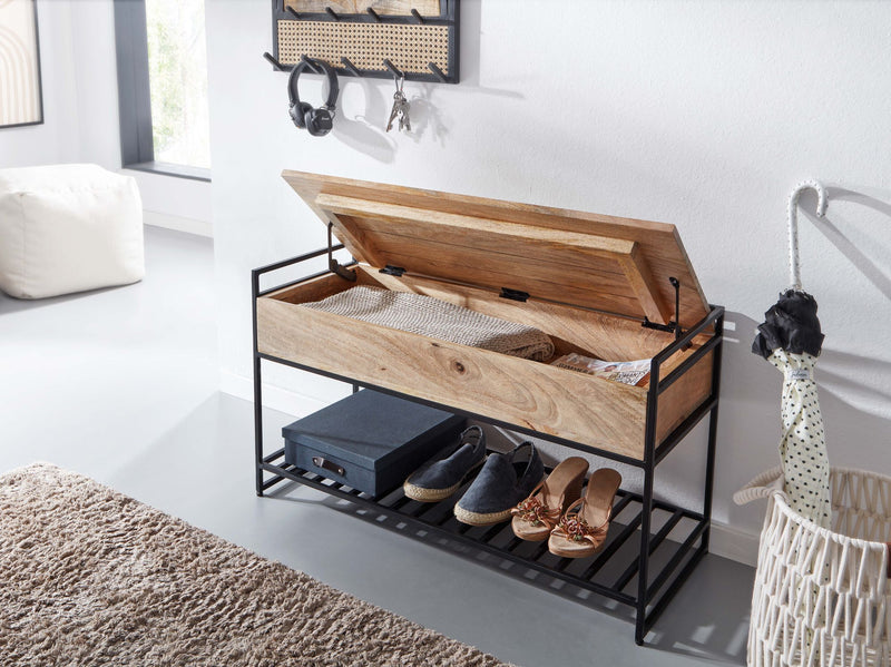 Sitzbank mit Stauraum 90x52x38cm Mango Massivholz Metall Braun