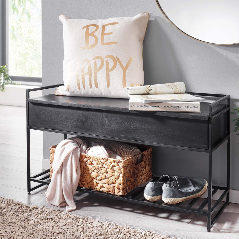 Sitzbank mit Stauraum Mango Massivholz Metall Schwarz 90x52x38 cm