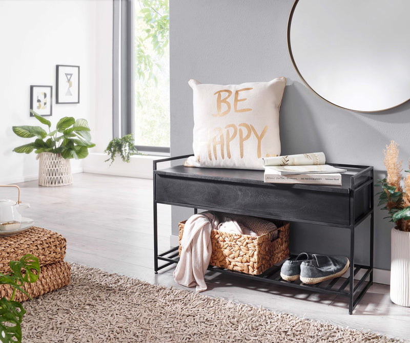 Sitzbank mit Stauraum Mango Massivholz Metall Schwarz 90x52x38 cm