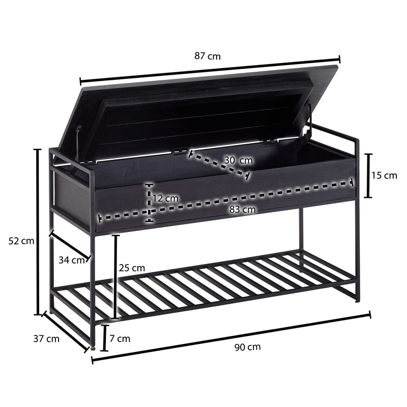 Sitzbank mit Stauraum Mango Massivholz Metall Schwarz 90x52x38 cm