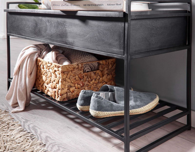 Sitzbank mit Stauraum Mango Massivholz Metall Schwarz 90x52x38 cm