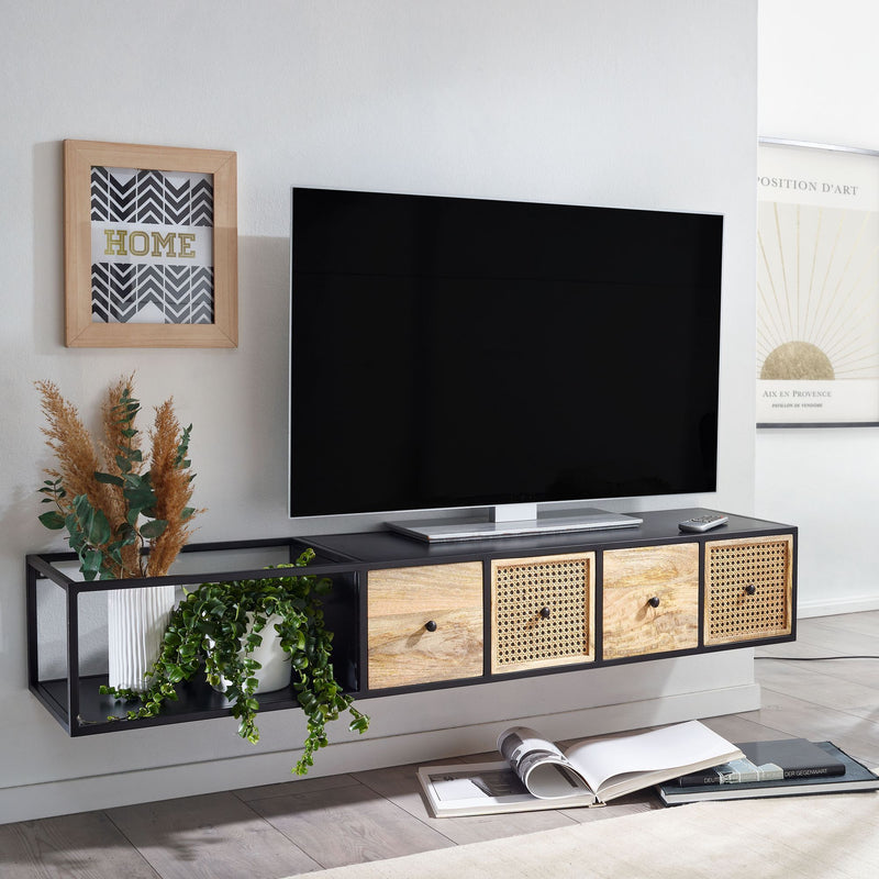 Lowboard Mango Massivholz Metall 150x25x35cm Schwarz Modern Wandmontage