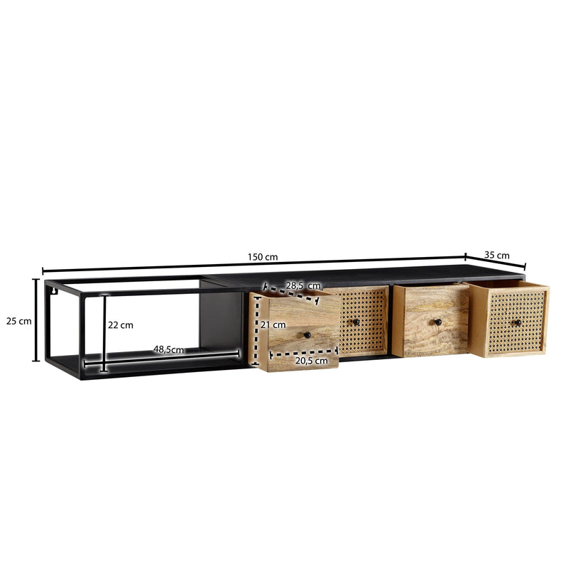 Lowboard Mango Massivholz Metall 150x25x35cm Schwarz Modern Wandmontage