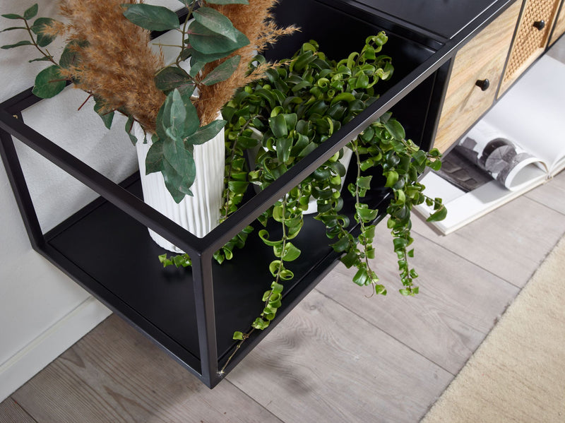 Lowboard Mango Massivholz Metall 150x25x35cm Schwarz Modern Wandmontage