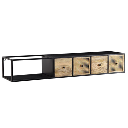 Wandmontiertes Lowboard Mango Massivholz Metall 150x25x35cm Schwarz Modern in Gesamtansicht mit schwarzem Rahmen und Rattan-Flechtwerk.