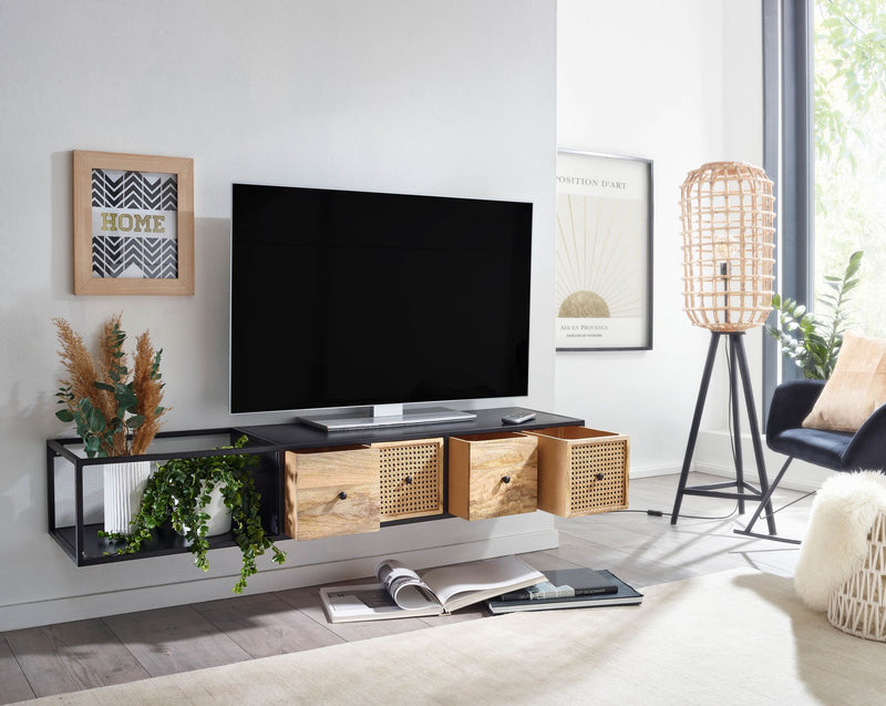 Lowboard Mango Massivholz Metall 150x25x35cm Schwarz Modern Wandmontage