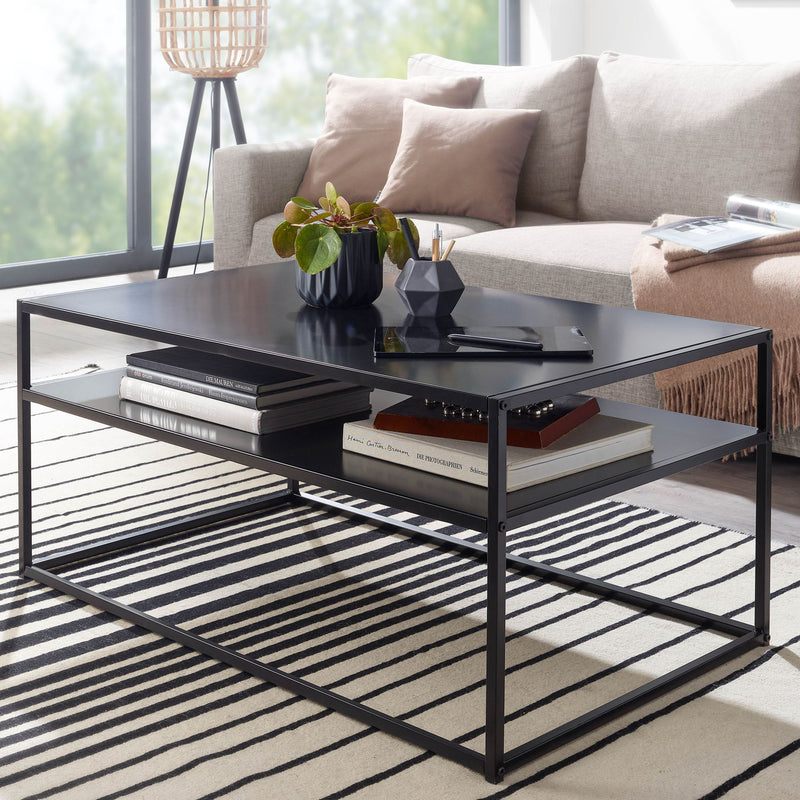Couchtisch 100x60x45cm Industrial Schwarz Metall mit Stauraum Ablagefach