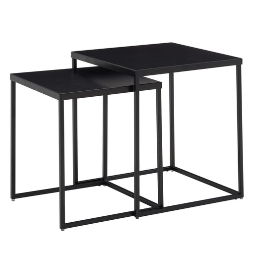Beistelltisch 2er Set Metall Schwarz mit zwei ineinander verschachtelten quadratischen Tischen im Industrial Design.