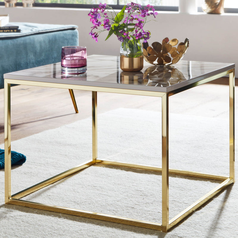 Couchtisch 60x60x45cm Marmoroptik Weiß Gold Metallgestell Eckig