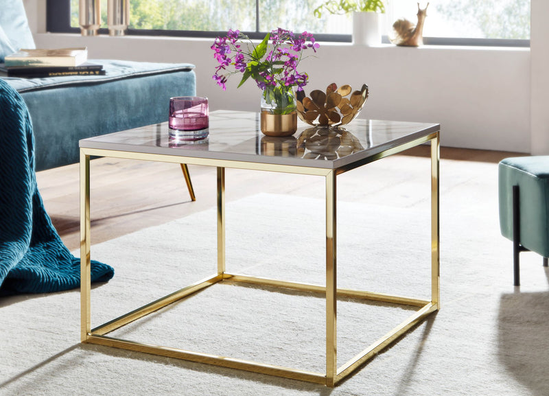 Couchtisch 60x60x45cm Marmoroptik Weiß Gold Metallgestell Eckig