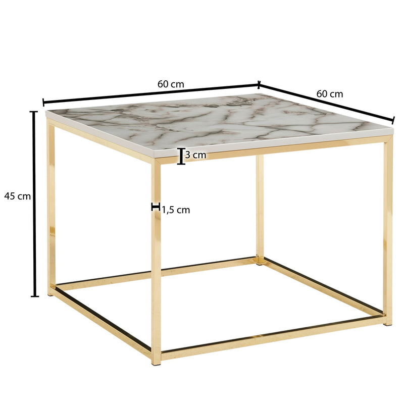 Couchtisch 60x60x45cm Marmoroptik Weiß Gold Metallgestell Eckig