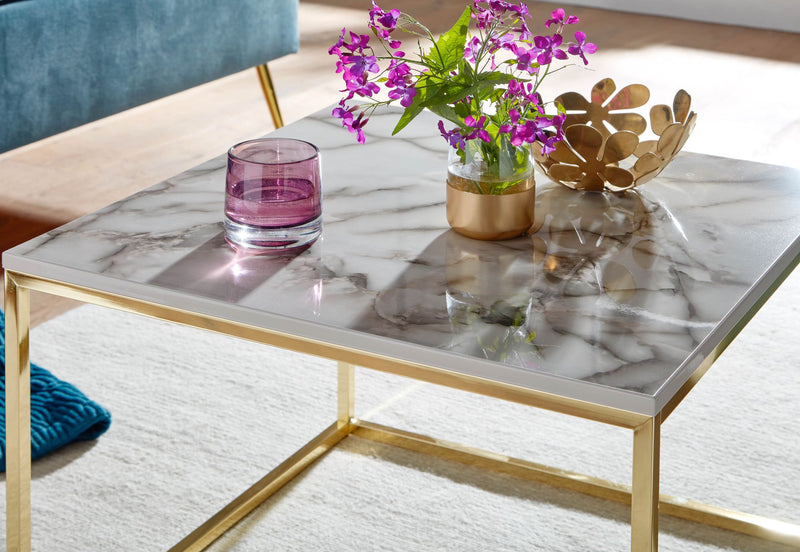 Couchtisch 60x60x45cm Marmoroptik Weiß Gold Metallgestell Eckig