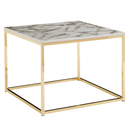Couchtisch 60x60x45cm Marmoroptik Weiß mit goldenem Metallgestell in Gesamtansicht.