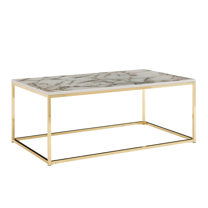 Couchtisch 100x60x40cm Marmoroptik Weiß Gold Metallgestell Eckig