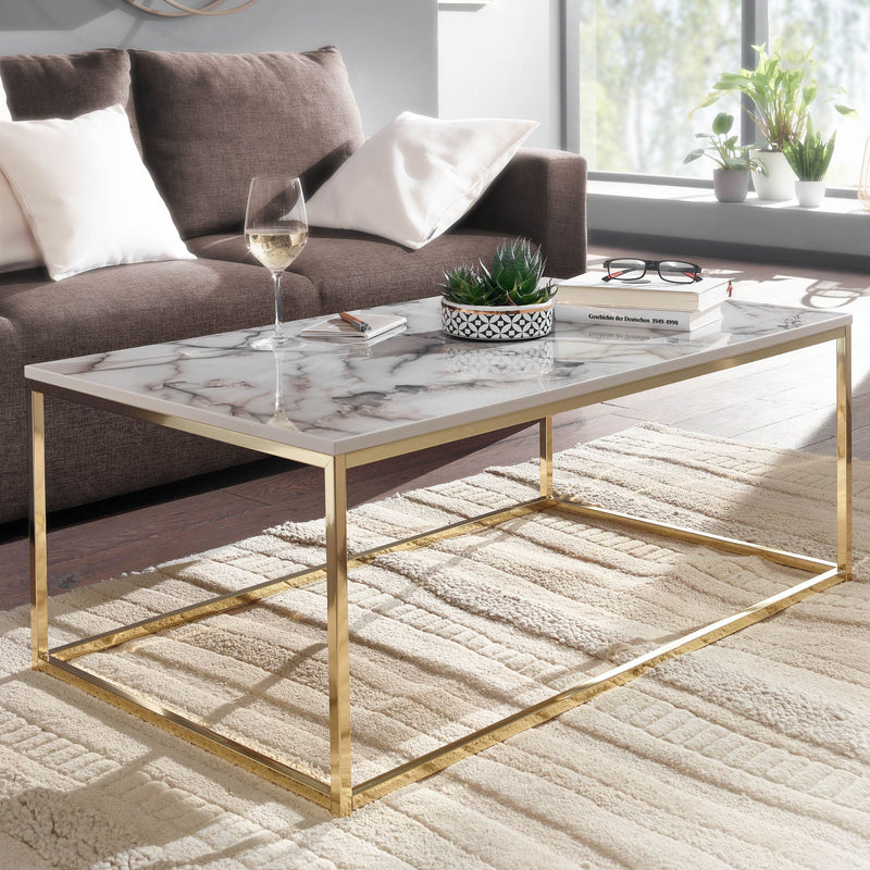 Couchtisch 100x60x40cm Marmoroptik Weiß Gold Metallgestell Eckig