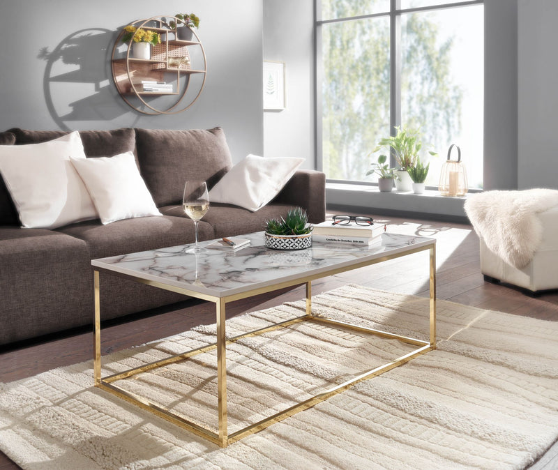 Couchtisch 100x60x40cm Marmoroptik Weiß Gold Metallgestell Eckig