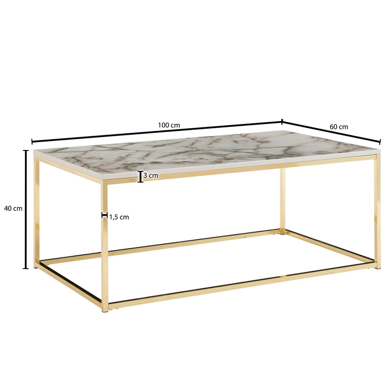 Couchtisch 100x60x40cm Marmoroptik Weiß Gold Metallgestell Eckig