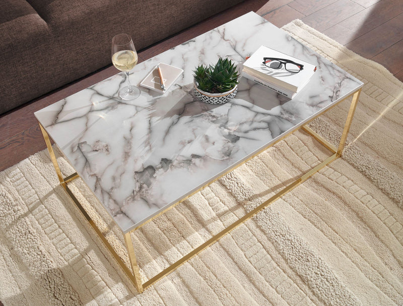 Couchtisch 100x60x40cm Marmoroptik Weiß Gold Metallgestell Eckig
