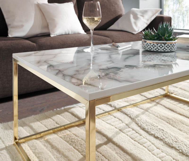 Couchtisch 100x60x40cm Marmoroptik Weiß Gold Metallgestell Eckig