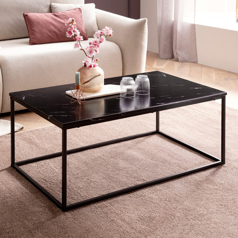 Couchtisch 100x60x40cm Marmoroptik Schwarz Metallgestell Eckig