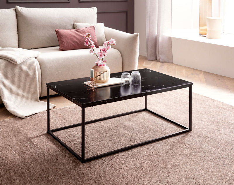 Couchtisch 100x60x40cm Marmoroptik Schwarz Metallgestell Eckig