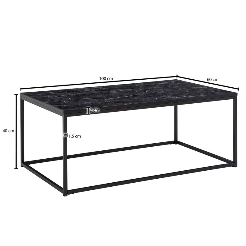 Couchtisch 100x60x40cm Marmoroptik Schwarz Metallgestell Eckig