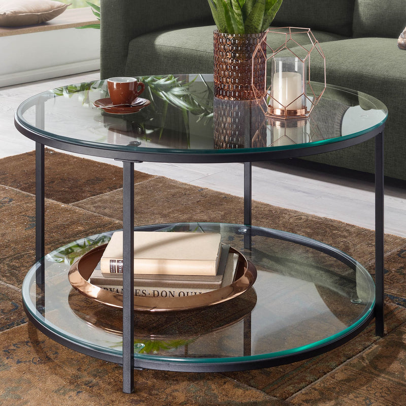 Couchtisch Rund Glas Metall 80x80x45cm Modern mit Stauraum Ablagefach