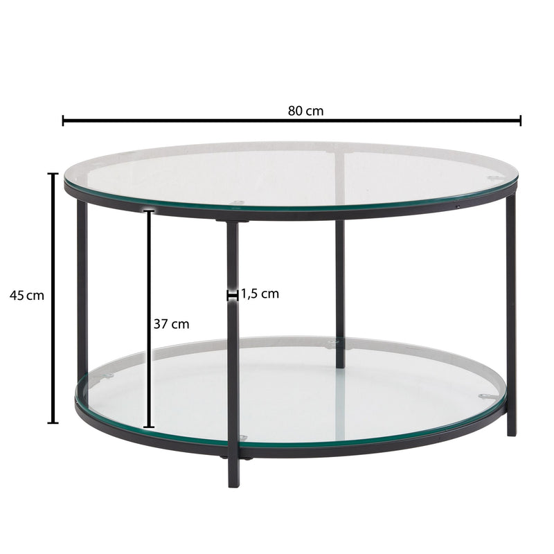 Couchtisch Rund Glas Metall 80x80x45cm Modern mit Stauraum Ablagefach