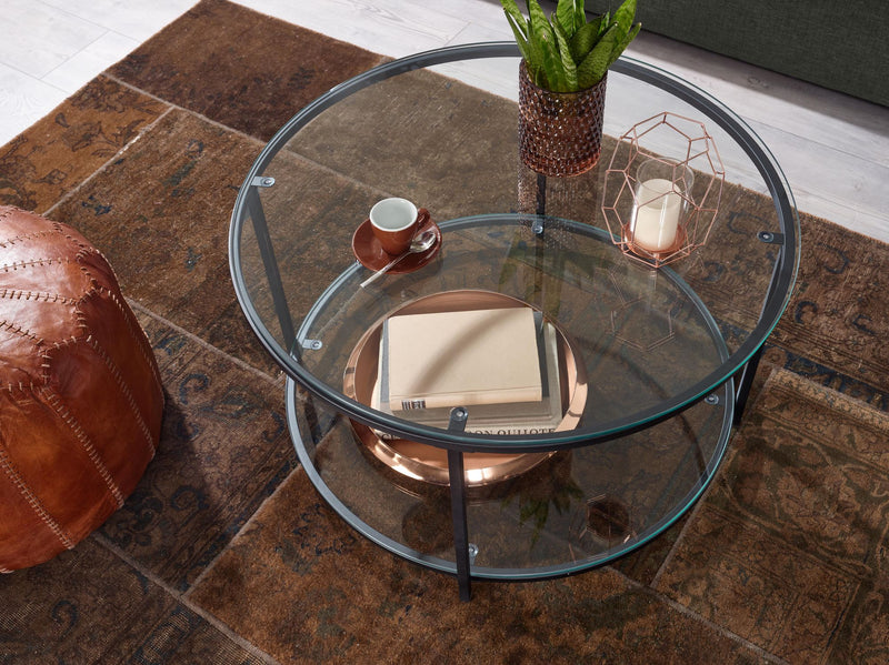 Couchtisch Rund Glas Metall 80x80x45cm Modern mit Stauraum Ablagefach