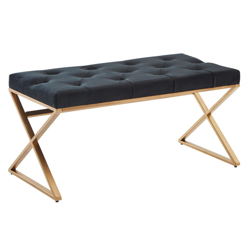 Sitzbank Chesterfield Samt Schwarz mit gesteppter Oberseite und X-förmigem Holzgestell in Gesamtansicht.