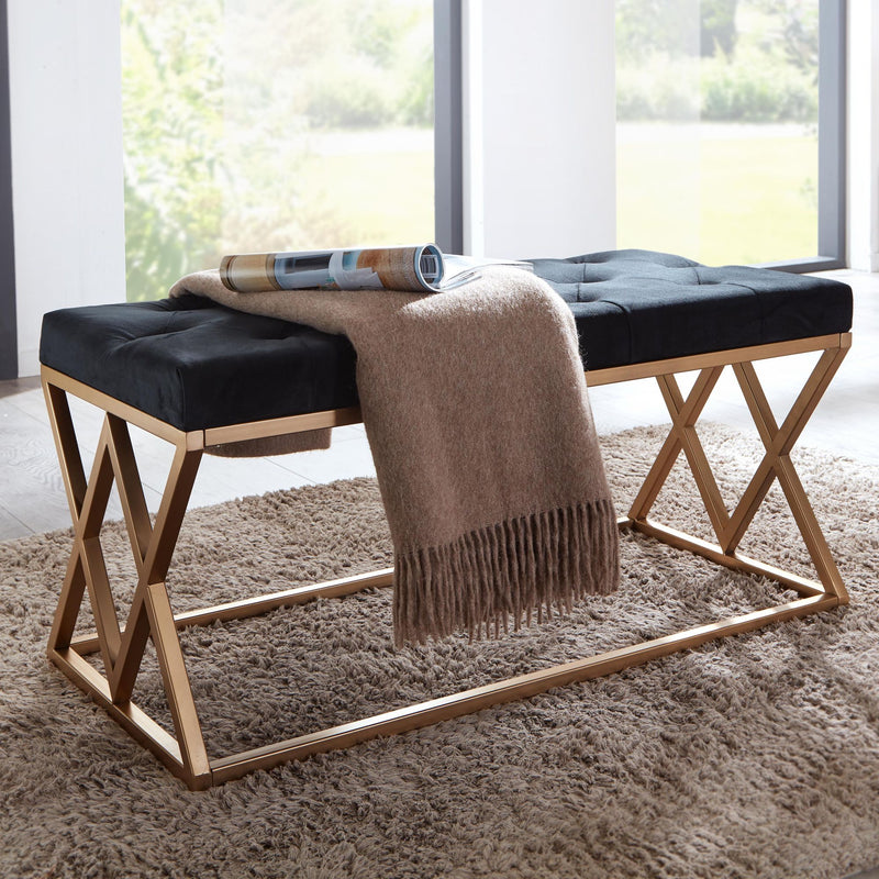 Sitzbank Chesterfield Samt Schwarz 90x46x44cm Metallgestell Modern