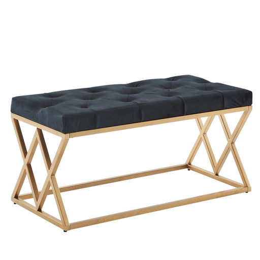 Sitzbank Chesterfield Samt Schwarz 90x46x44cm mit Knopfsteppung und X-förmigen Metallseitenrahmen in Gesamtansicht.