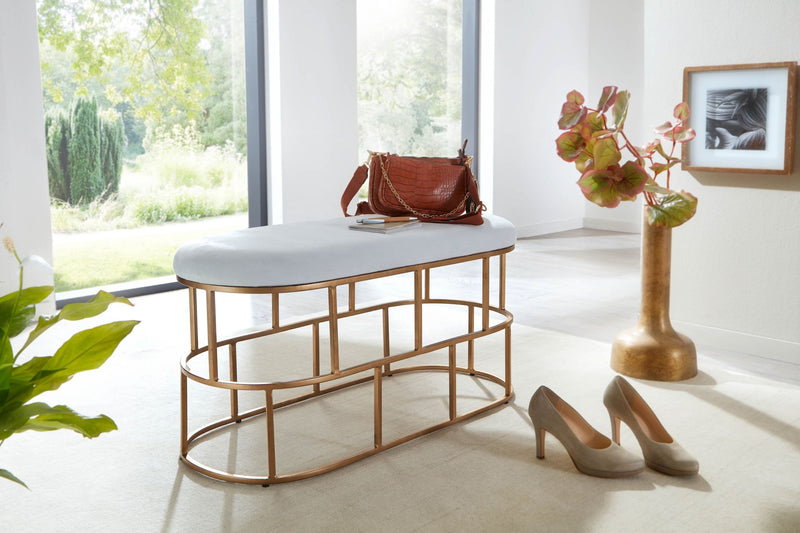 Sitzbank Samt Weiß Gold 90x46x38cm Polsterbank Metallgestell Modern