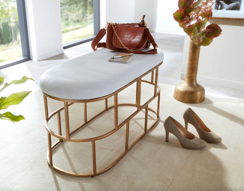 Sitzbank Samt Weiß Gold 90x46x38cm Polsterbank Metallgestell Modern