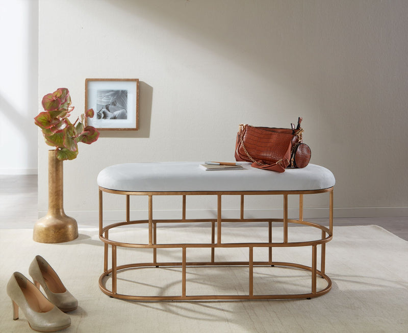 Sitzbank Samt Weiß Gold 90x46x38cm Polsterbank Metallgestell Modern