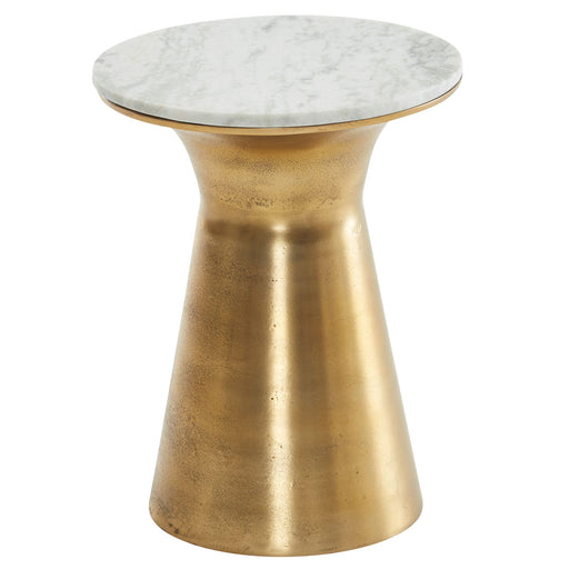 Beistelltisch Marmor Weiß mit konischer Basis aus goldfarbenem Metall, Gesamtansicht.