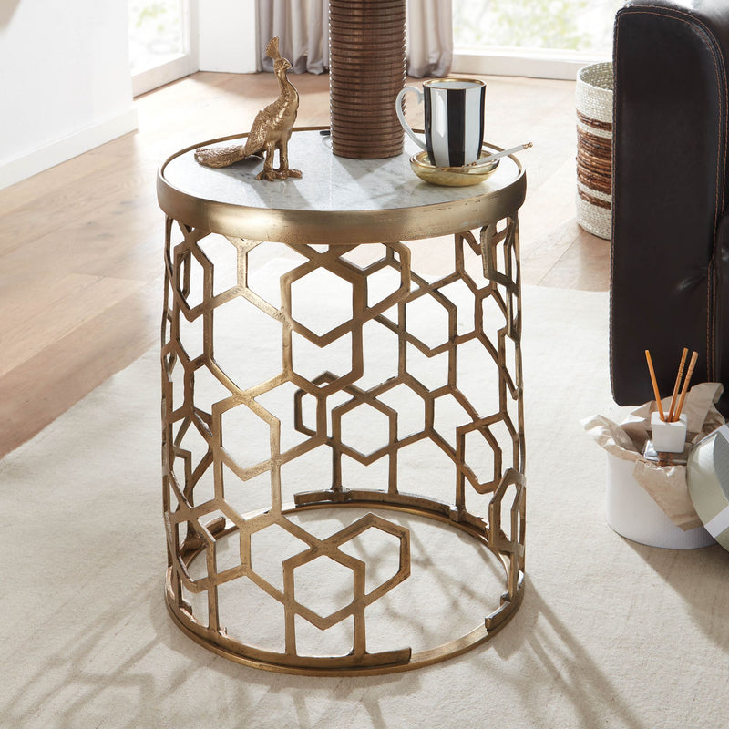 Beistelltisch Marmor Weiß 46x46x55cm Metall Gold Rund Modern