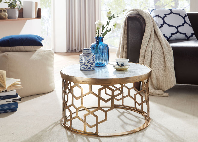 Couchtisch Marmor Weiß 60x60x36cm Metall Gold Rund Modern Wohnzimmer