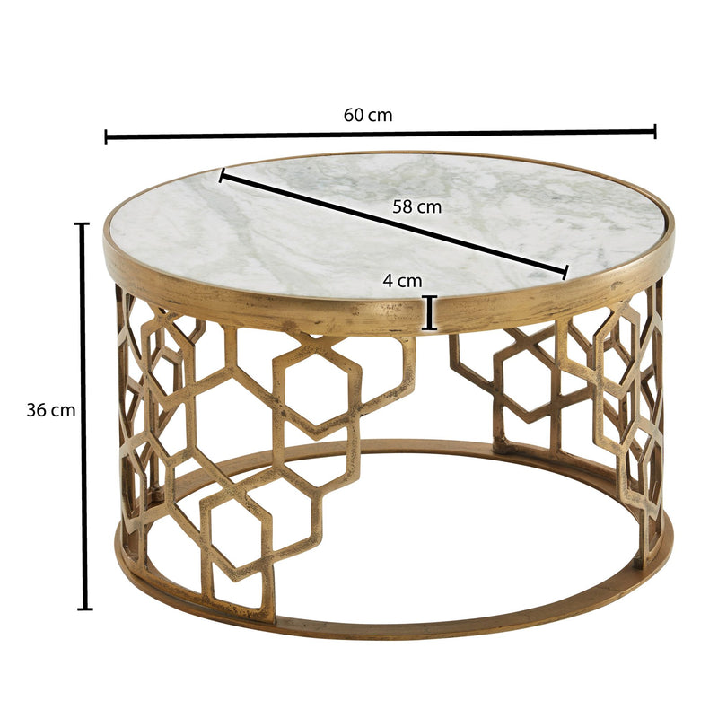 Couchtisch Marmor Weiß 60x60x36cm Metall Gold Rund Modern Wohnzimmer